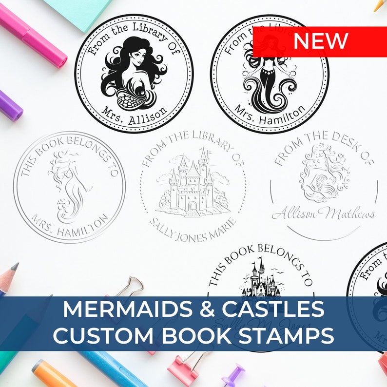 Mermaid stamps and embossers for book decoration, featuring creative stamps with intricate designs. Perfect for personalizing your library with unique, artistic touches. Ideal for book lovers seeking custom embellishments.