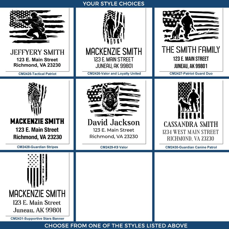 Puede incluir: Un collage de nueve dise&ntilde;os diferentes para sellos de direcci&oacute;n de devoluci&oacute;n personalizados. Cada dise&ntilde;o presenta un tema patri&oacute;tico con una bandera estadounidense, una figura militar y un perro. Los dise&ntilde;os est&aacute;n etiquetados con nombres y direcciones, y cada dise&ntilde;o tiene un c&oacute;digo &uacute;nico.