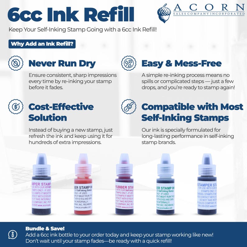 May include: Image showing 6cc ink refill bottles for self-inking stamps. The image includes text that says "Never Run Dry", "Easy & Mess-Free", "Cost-Effective Solution", and "Compatible with Most Self-Inking Stamps". The bottles are in various colours.