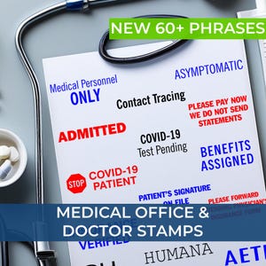 May include: A white sheet of paper featuring various medical-themed phrases in red, blue, and black ink, including NEW 60+ PHRASES, MEDICAL PERSONNEL ONLY, ADMITTED, COVID-19 PATIENT, BENEFITS ASSIGNED, and HUMANA, positioned next to a metal stethoscope.