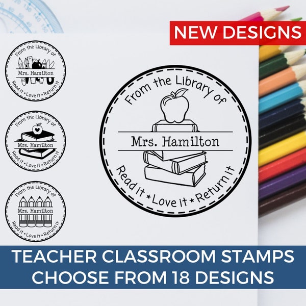 Custom Library Name Classroom Book Stamp | Personalized Apple Teacher Gift Read Love Return Stamper, Customized Teacher Gift, Inked Stamps