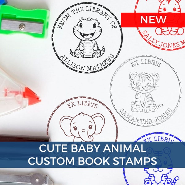 From The Library Of Embosser, Cute Baby Animals, Personalized Book Stamps, Zebra, Lion, Monkey, Hippo, Elephant, Giraffe Designs, Stamp