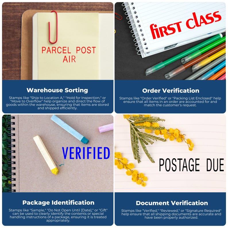Image showcasing various mailing services with stamps for warehouse sorting, order verification, package identification, and document verification. Keywords: insured, tracking, mailing services, shipping software. Ideal for businesses seeking efficie