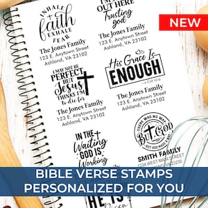 May include: A sheet of Bible verse stamps with various inspirational quotes and addresses. The stamps include phrases like "Inhale faith, exhale fear" and "His Grace Is Enough." The text "Bible Verse Stamps Personalized For You" is also visible.