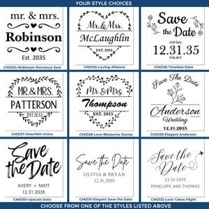 Custom self-ink stamp designs for wedding celebrations, featuring handmade self-inking stamps with various styles. Perfect for adding a personal touch to your special day. Choose from elegant and timeless options.