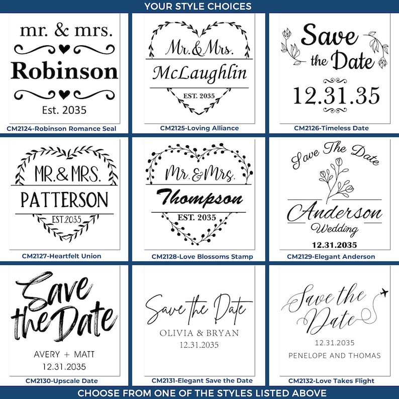 Custom self-ink stamp designs for wedding celebrations, featuring handmade self-inking stamps with various styles. Perfect for adding a personal touch to your special day. Choose from elegant and timeless options.