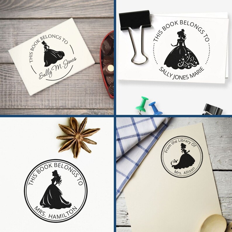 Storybook personalized stamp featuring a fairy tale design, perfect as a wedding gift idea or book stamp for kids. Ideal for adding a magical touch to any library collection.