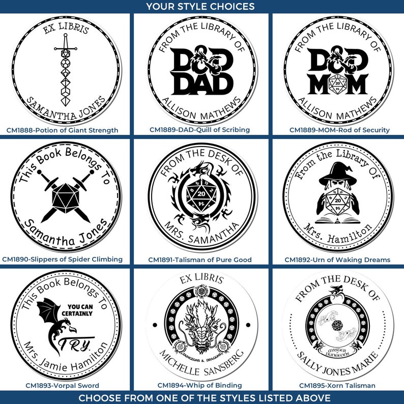 Personalized embosser designs for role-playing games, featuring DnD merchandise and custom game accessories. Perfect for adding a unique touch to your RPG collection with styles like Potion of Giant Strength and Talisman of Pure Good.