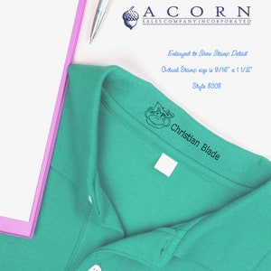Personalized kids stamp on a green polo shirt, showcasing a custom ink stamp for kids. Ideal as a fabric stamp for clothing, ensuring easy labeling and organization. Perfect for school uniforms and personal belongings.