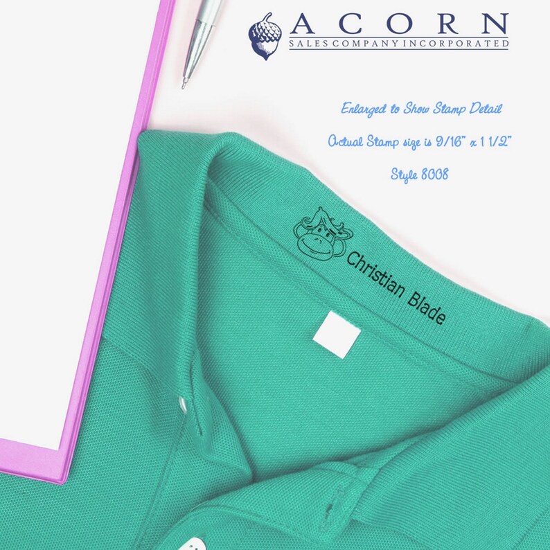 Personalized kids stamp on a green polo shirt, showcasing a custom ink stamp for kids. Ideal as a fabric stamp for clothing, ensuring easy labeling and organization. Perfect for school uniforms and personal belongings.