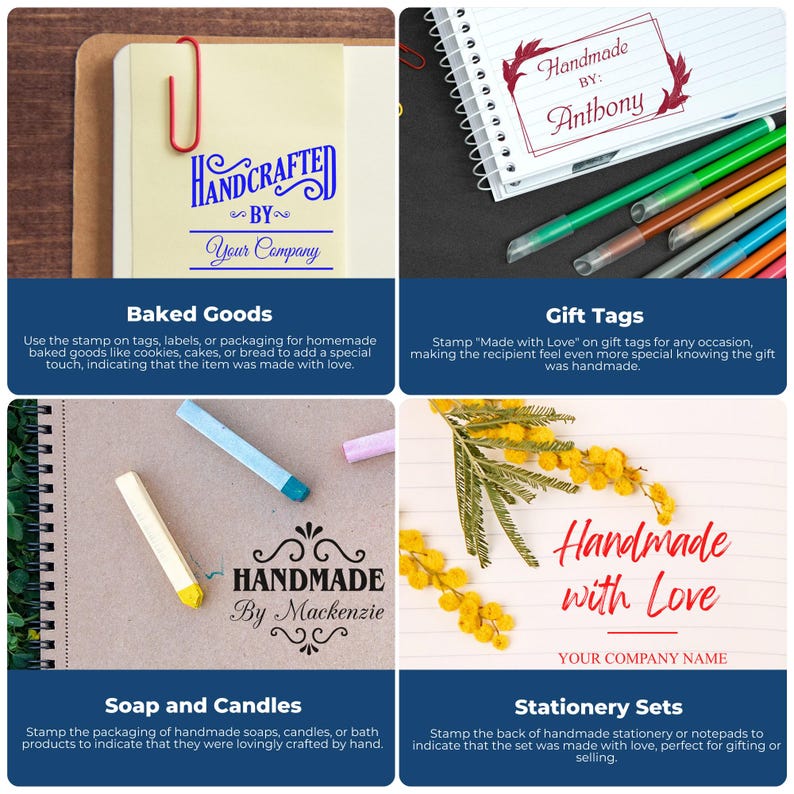 Image showing various uses of handmade stamps for branding. Examples include a "Handcrafted by Your Company" stamp on baked goods, a "Handmade by Anthony" stamp on gift tags, a "Handmade by Mackenzie" stamp on soap and candles, and a "Handmade with