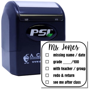 Image of a checkbox stamp, ideal for craft supplies and teacher resources. Features options for missing name/date, grade, and more, perfect for classroom organization and feedback.