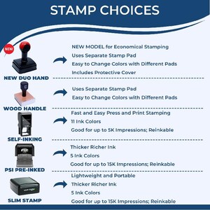 May include: An image titled "STAMP CHOICES" displays various stamp types: New Duo Hand, Wood Handle, Self-Inking, PSI Pre-Inked, and Slim Stamp. Each stamp type is accompanied by descriptive text highlighting features like ink colors and impression capacity.