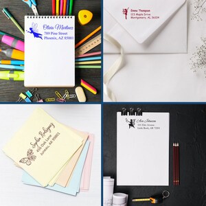 Colorful stationery featuring an enchanted address stamp collection. Each address stamper showcases a unique fairy tale stamp design, perfect for adding a whimsical touch to envelopes and letters. Ideal for personalizing your correspondence.