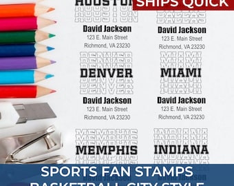 Custom Square Address Eco-Friendly Stamps with Basketball City Typography – Perfect for Sports Fans and Teams