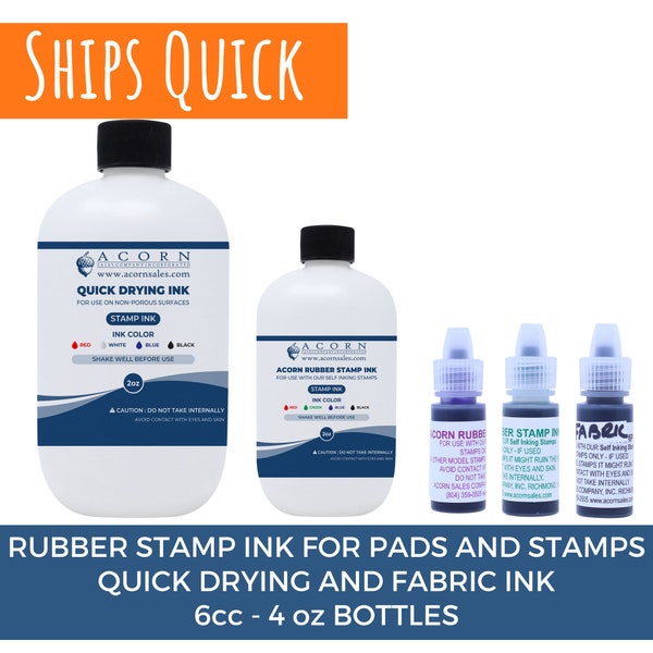 Rubber Stamp Ink for Stamp Pads & Refill, Quick Drying Ink, Fabric Ink, Self Inking Stamp Ink, Choose from 5 colors 6cc-4oz Bottles of Ink