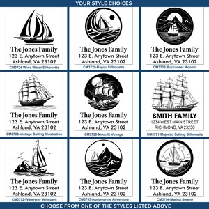 May include: A selection of black and white nautical-themed designs featuring sailboats and sailing ships. Each design includes a family name, address, and a style code. The styles include silhouettes and illustrations of various sailing vessels.