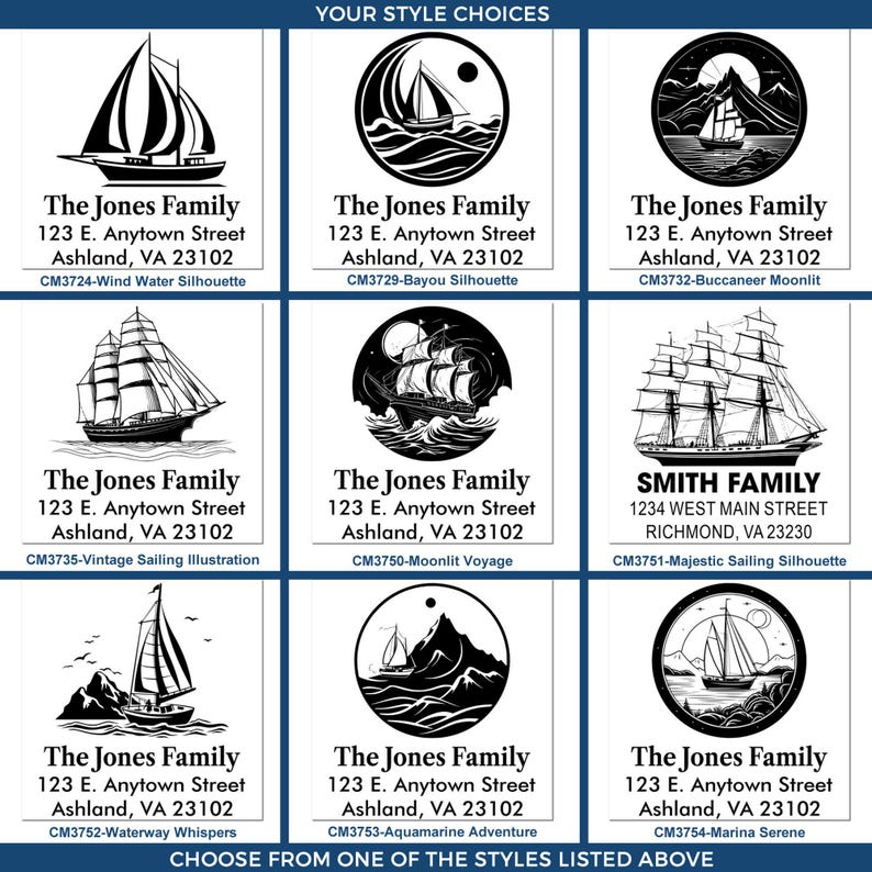 May include: A selection of black and white nautical-themed designs featuring sailboats and sailing ships. Each design includes a family name, address, and a style code. The styles include silhouettes and illustrations of various sailing vessels.
