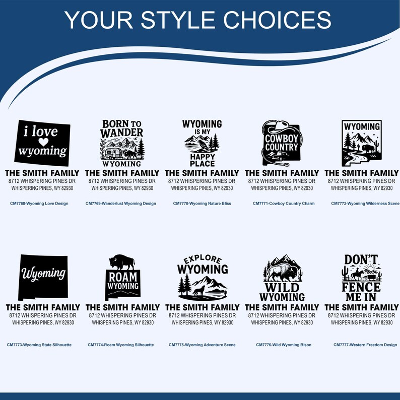 K&ouml;nnte beinhalten: Eine Sammlung von schwarz-wei&szlig;en Grafikdesigns mit Texten zum Thema Wyoming. Designs beinhalten S&auml;tze wie "I love Wyoming", "Born to Wander" und "Cowboy Country". Jedes Design enth&auml;lt die Adresse "8712 Whispering Pines Dr, Whispering Pines, WY 82930".