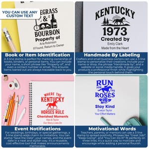 K&ouml;nnte beinhalten: Eine Sammlung von Stempeldesigns mit Text. Ein Stempel lautet "EGRASS & BOURBON Property of Aria Robinson". Ein anderer besagt "KENTUCKY 1973 Created by Emily Clark". Weitere Stempel sagen "HORSES RULE" und "RUN FOR THE ROSES".