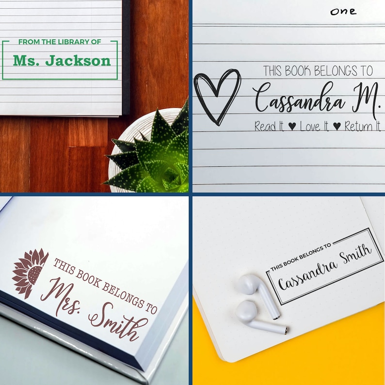 Personalized gift book return stamp featuring Read it Love it Return it and book ownership stamp designs. Ideal for marking books with unique styles, including floral and heart motifs, ensuring your library is stylishly personalized.