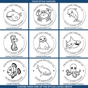 Cute sea animals book stamps featuring whimsical book embosser designs. A personalized gift idea and customized gift for readers, perfect for adding a unique touch to any book collection.