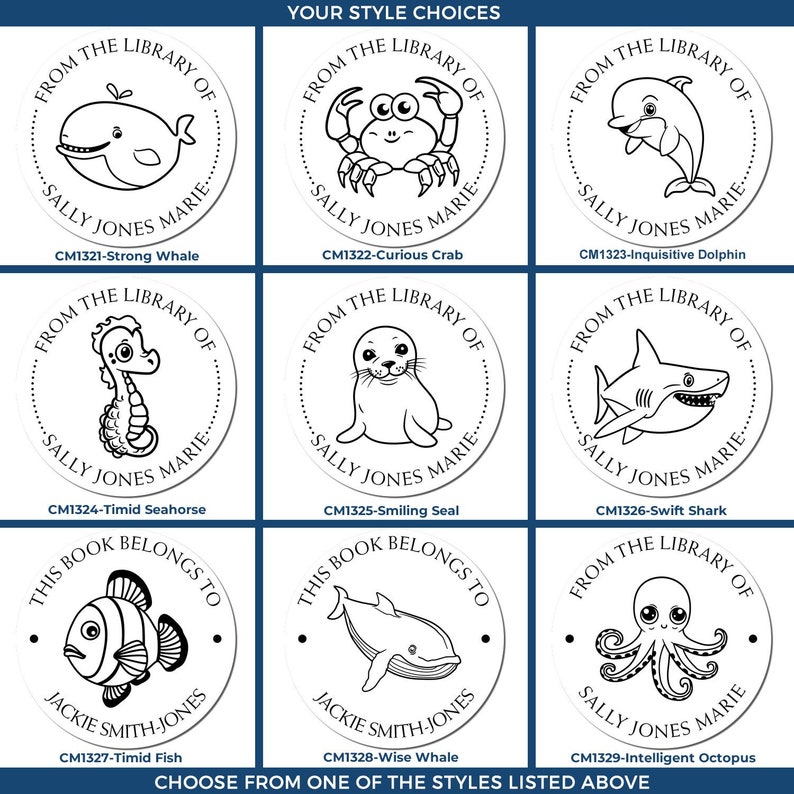 Cute sea animals book stamps featuring whimsical book embosser designs. A personalized gift idea and customized gift for readers, perfect for adding a unique touch to any book collection.