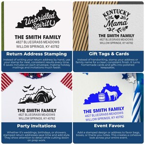 K&ouml;nnte beinhalten: Eine Collage aus vier wei&szlig;en Karten mit verschiedenen Designs und Texten zum Thema Kentucky. Jede Karte zeigt den Text "THE SMITH FAMILY" und eine Adresse. Die Designs umfassen ein Pferd, eine Berglandschaft und die W&ouml;rter "Unbridled Spirit" und "Kentucky Mama".