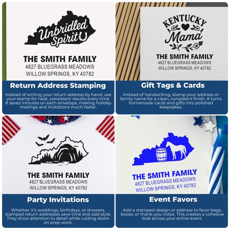 K&ouml;nnte beinhalten: Eine Collage aus vier wei&szlig;en Karten mit verschiedenen Designs und Texten zum Thema Kentucky. Jede Karte zeigt den Text "THE SMITH FAMILY" und eine Adresse. Die Designs umfassen ein Pferd, eine Berglandschaft und die W&ouml;rter "Unbridled Spirit" und "Kentucky Mama".