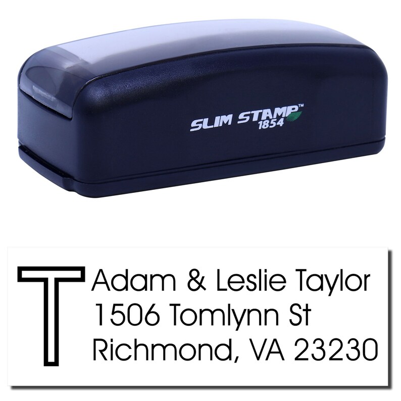 Personalized gift stamp featuring a sleek design, perfect for a business address stamp. Ideal for adding a personal touch to gifts and correspondence. Customizable with your details for a unique and practical gift solution.