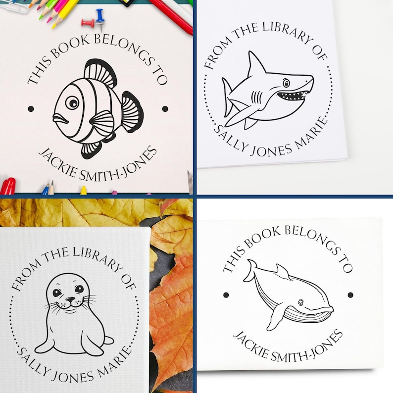 Creative book stamp designs featuring a crab book stamp, sea creature book embosser, and marine life book stamp. Perfect for personalizing your library with unique aquatic themes. Ideal for book lovers and marine enthusiasts.