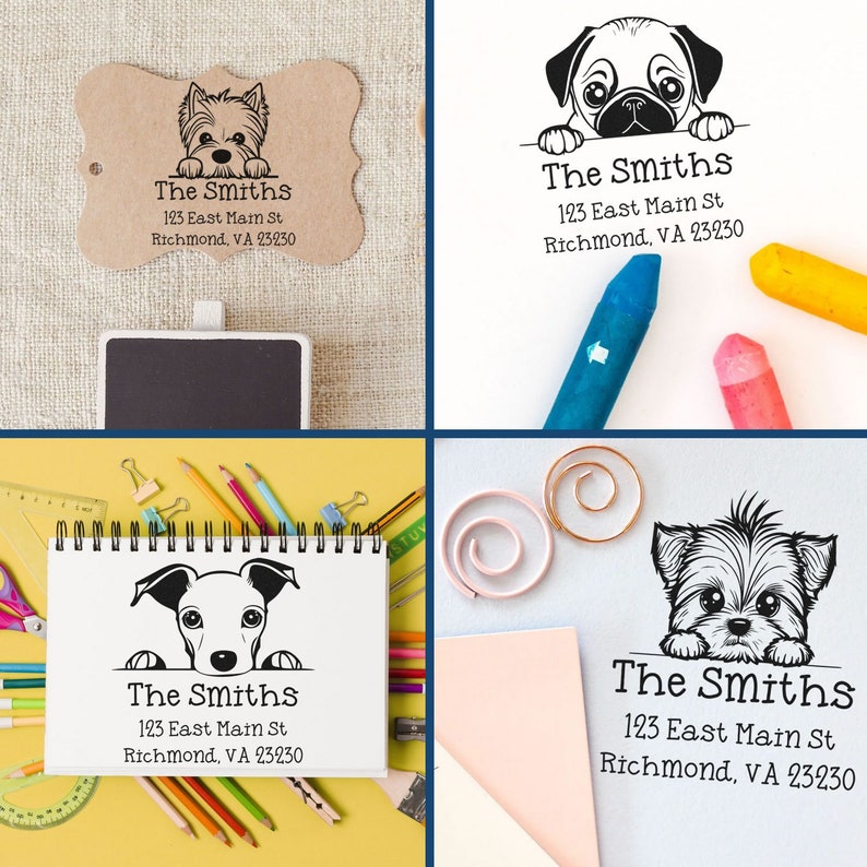 Personalized gift for dog owners featuring a customized address stamp with adorable dog designs. Perfect personalized stamp for adding a unique touch to your mail. Ideal gift for pet lovers seeking a special, custom touch.