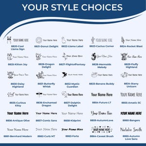 Custom name stamps featuring various styles, including self-inking name stamps and signature stamps for business. Choose from designs like llamas, donuts, and mermaids to personalize your professional or personal stationery needs.