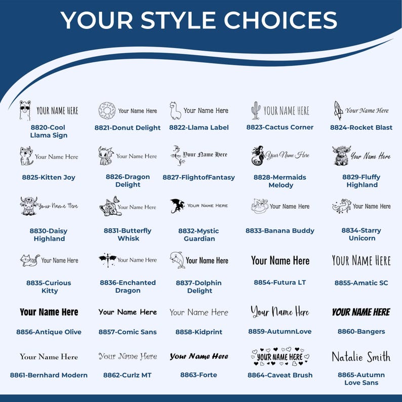 Custom name stamps featuring various styles, including self-inking name stamps and signature stamps for business. Choose from designs like llamas, donuts, and mermaids to personalize your professional or personal stationery needs.
