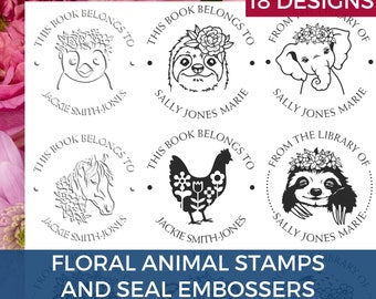 This Book Belongs To Stamp, Animal Book Stamps, Floral Dog, Llama, Penguin, Cute Cow, Elephant, Cat, Horse, Self-Inking Stamps, Book Seals