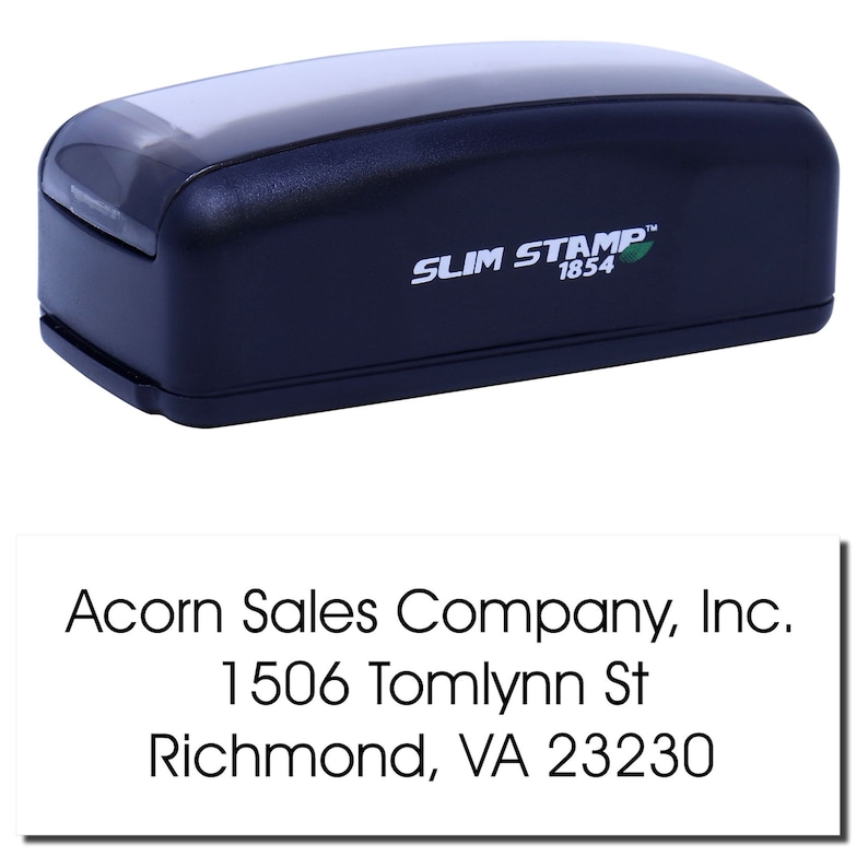 Rubber stamp with custom text featuring a business logo and address stamp. This sleek, handwritten-style stamp is ideal for personalizing correspondence with a professional touch. Perfect for businesses seeking a unique branding tool.