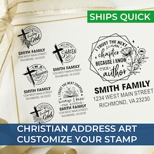 May include: A collection of custom Christian address stamps with various designs, including crosses, floral elements, and inspirational quotes. The stamps feature the text "SMITH FAMILY" and address details. The image also includes the text "CHRISTIAN ADDRESS ART" and "CUSTOMIZE YOUR STAMP".