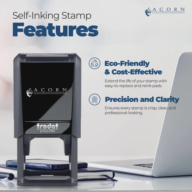 May include: A self-inking stamp with the text "Features" at the top. The stamp is black and gray, with the brand name "ACORN" and "trodat printy 4924" visible. The image also highlights the stamp's eco-friendly and cost-effective features.
