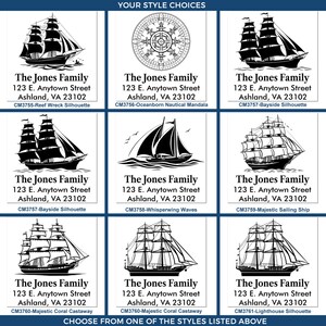 May include: A selection of nautical-themed designs featuring various sailboat illustrations. Each design includes the text "The Jones Family" and address details. The designs are displayed on a white background.