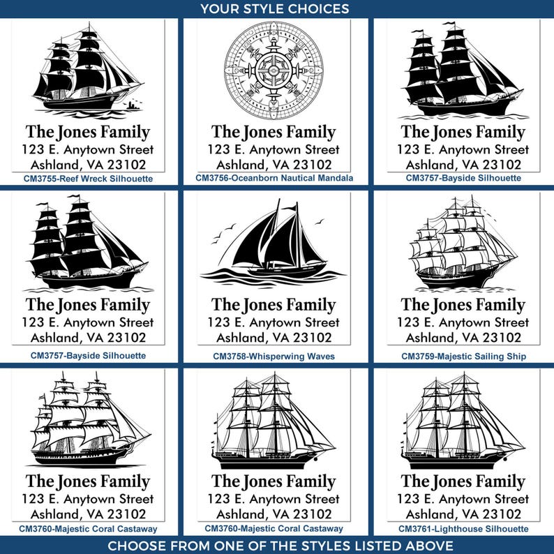 May include: A selection of nautical-themed designs featuring various sailboat illustrations. Each design includes the text "The Jones Family" and address details. The designs are displayed on a white background.
