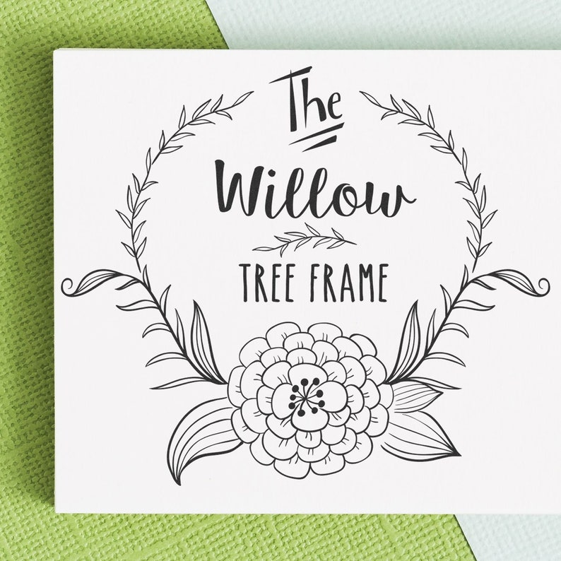 Custom stamps featuring a floral design and The Willow Tree Frame text. Perfect for those looking to customize stamps with a unique logo. Ideal for personalizing stationery or branding materials.