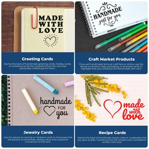Image showing various uses of personalized gifts with custom stamps. Top left: "Made with Love" stamp on greeting cards. Top right: "Handmade just for you" stamp on craft market products. Bottom left: "Handmade for you" stamp on jewelry cards. Botto