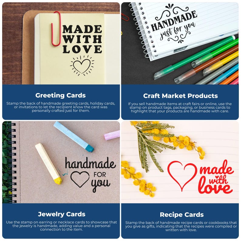 Image showing various uses of personalized gifts with custom stamps. Top left: "Made with Love" stamp on greeting cards. Top right: "Handmade just for you" stamp on craft market products. Bottom left: "Handmade for you" stamp on jewelry cards. Botto