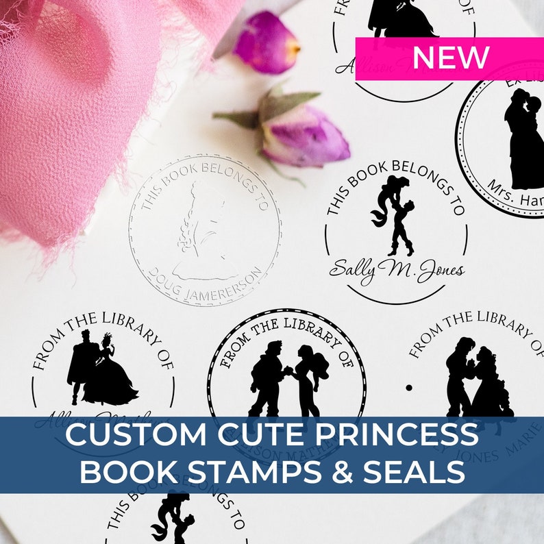 Personalized book stamp featuring princess designs, ideal for bookish gifts. Perfect for those seeking customized gifts and personalized gifts for book lovers. Enhance your library with these unique, custom stamps.
