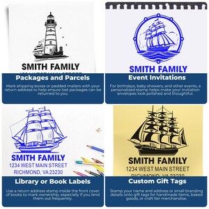 May include: A collection of custom stamps featuring nautical themes and the text "SMITH FAMILY." Designs include a lighthouse, a sailing ship, and a ship silhouette. Text includes "Packages and Parcels," "Event Invitations," "Library or Book Labels," and "Custom Gift Tags."