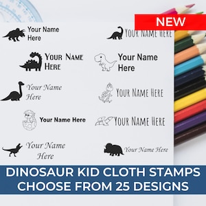 Buy self-inking dinosaur stamp for kids. Custom kids name stamp perfect for daycare. Choose from 25 designs to personalize clothing and belongings. Ideal name stamp for daycare use, ensuring items are easily identifiable.