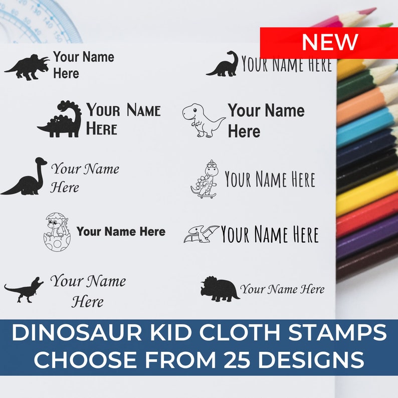 Buy self-inking dinosaur stamp for kids. Custom kids name stamp perfect for daycare. Choose from 25 designs to personalize clothing and belongings. Ideal name stamp for daycare use, ensuring items are easily identifiable.