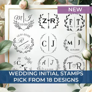 May include: A collection of 18 wedding initial stamp designs. The stamps feature different fonts, floral wreaths, and heart designs. The text "WEDDING INITIAL STAMPS PICK FROM 18 DESIGNS" is at the bottom of the image.