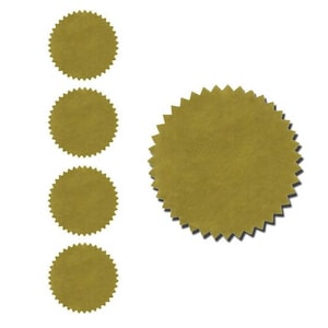 May include: Four gold-colored, round, scalloped-edge stickers with a blank center. One larger gold-colored, round, scalloped-edge sticker with a blank center.