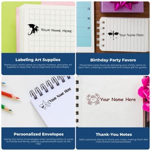 Image showcasing a self ink stamp and wooden signature stamp used as a name stamp for business. Ideal for labeling art supplies, personalizing birthday party favors, customizing envelopes, and enhancing thank-you notes with a unique touch.